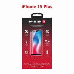 SKLO SWISSTEN FULL GLUE, COLOR FRAME, CASE FRIENDLY PRO APPLE IPHONE 15 PLUS ČERNÉ