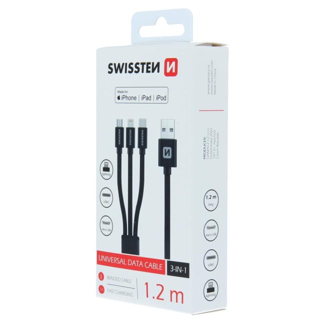 DATOVÝ KABEL SWISSTEN TEXTILE 3in1 MFi 1,2 M ČERNÝ (Lightning, USB-C, Micro USB)