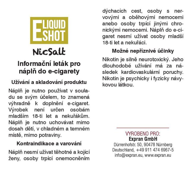 E-Liquid Shot - Booster NicSalt - 50VG / 50PG - 20mg - 10ml