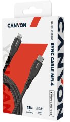 CANYON nabíjecí kabel Lightning MFI-4, USB-C Power delivery 18W, Apple certifikát, délka 1.2m, černá