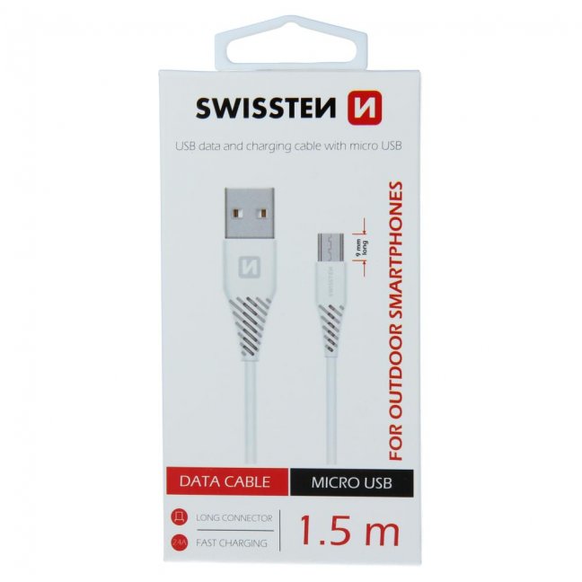 DATOVÝ KABEL SWISSTEN USB / MICRO USB 1,5 M BÍLÝ (9mm)