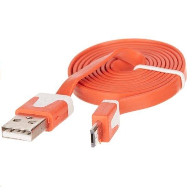 Datový kabel plochý gumový - microUSB - oranžová barva