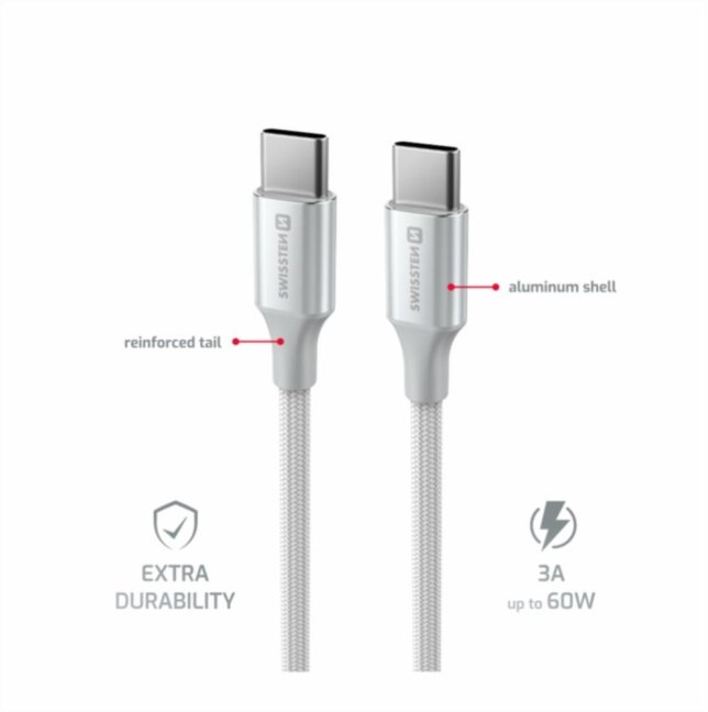 DATOVÝ KABEL SWISSTEN TEXTILE II USB-C / USB-C 1,5 M BÍLÝ