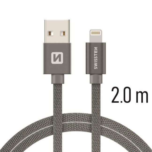 DATOVÝ KABEL SWISSTEN TEXTILE USB / LIGHTNING 2,0 M ŠEDÝ