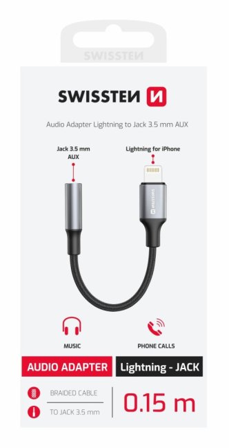 AUDIO ADAPTÉR SWISSTEN TEXTILE LIGHTNING (samec)  / 3,5mm AUX 0,15 M ČERNÝ (nahrazuje 73501211)