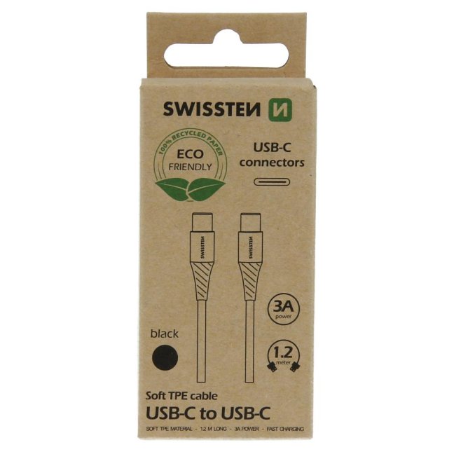 DATOVÝ KABEL SWISSTEN USB-C/USB-C ČERNÝ 1,2M  (ECO BALENÍ)