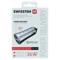 SWISSTEN CL ADAPTÉR POWER DELIVERY USB-C + QUICK CHARGE 3.0 36W METAL STŘÍBRNÝ