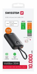 SWISSTEN POWER BANK VOLTBOX 35W 10000 mAh S INTEGROVANÝMI KABELY USB-C A LIGHTNING ČERNÁ