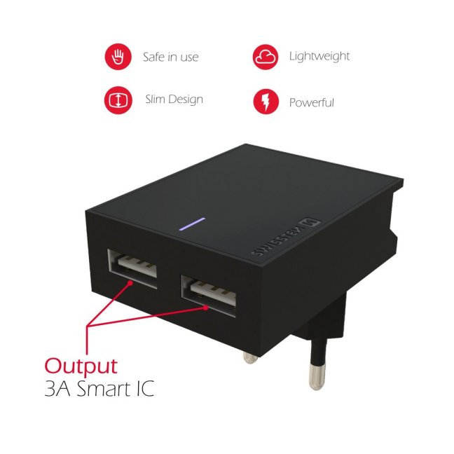 SWISSTEN SÍŤOVÝ ADAPTÉR SMART IC 2x USB 3A POWER + DATOVÝ KABEL USB / MICRO USB 1,2 M ČERNÝ