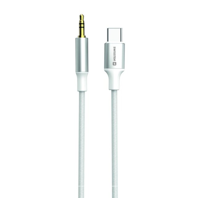 AUDIO ADAPTÉR SWISSTEN TEXTILE USB-C (samec) / 3,5 mm JACK (samec) 1,5M BÍLÝ