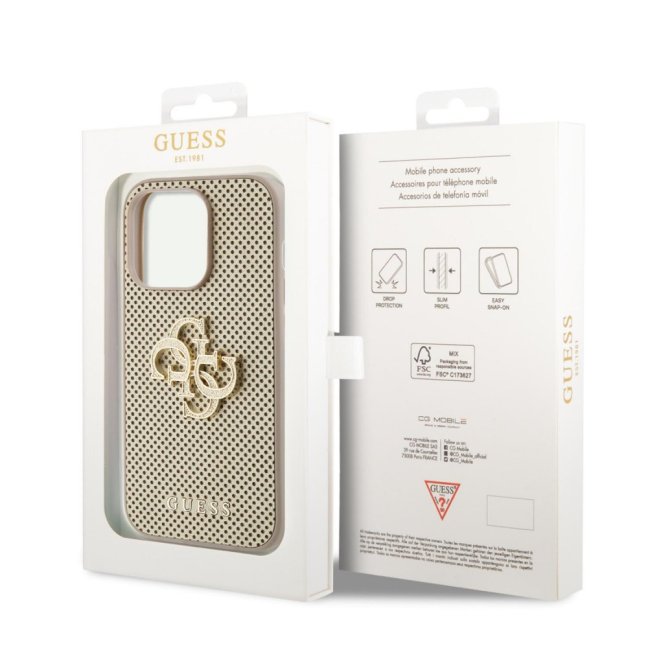 Guess PU Perforated 4G Glitter Metal Logo Zadní Kryt pro iPhone 15 Pro Max Gold