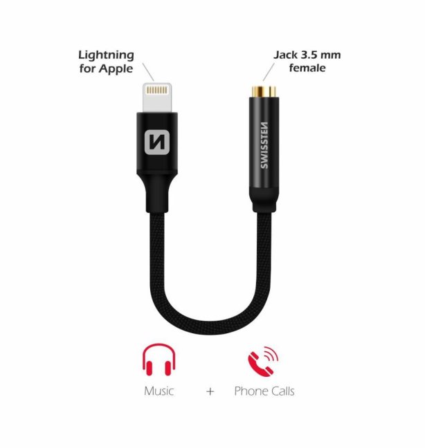 AUDIO ADAPTÉR SWISSTEN TEXTILE LIGHTNING /JACK(samice) 0,15 M ČERNÝ