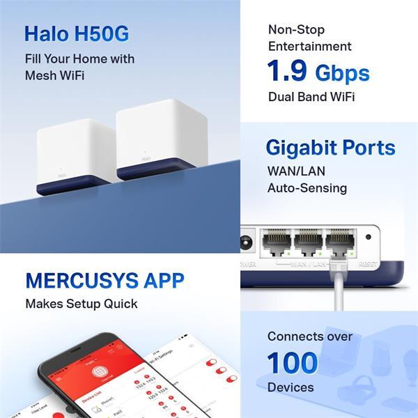 MERCUSYS AC1900 Whole Home Mesh Wi-Fi SystemSPEED: 600 Mbps at 2.4 GHz + 1300 Mbps at 5 GHzSPEC: 3× Internal Antennas