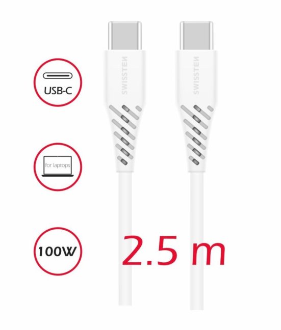 DATOVÝ KABEL SWISSTEN TPE USB-C/USB-C POWER DELIVERY 5A (100W) 2,5 M BÍLÝ