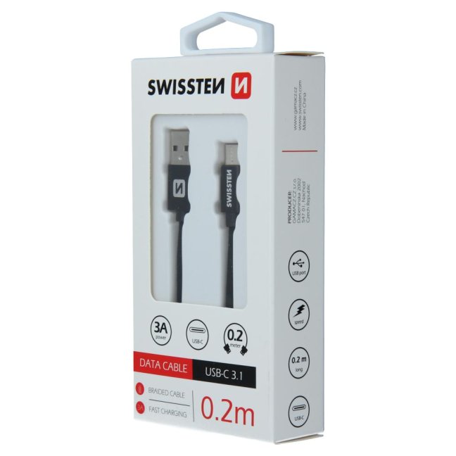 DATOVÝ KABEL SWISSTEN TEXTILE USB / USB-C 0,2 M ČERNÝ