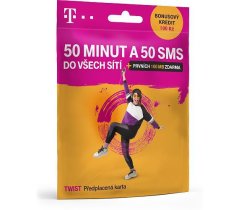 PŘEDPLACENÁ T-MOBILE TWIST SIM KARTA - kredit 100,- Kč - ZDARMA 50 MINUT, 50 SMS A 100  MB DAT