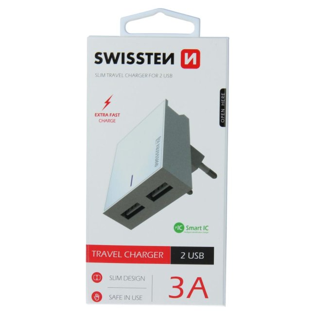 SWISSTEN SÍŤOVÝ ADAPTÉR SMART IC 2x USB 3A POWER BÍLÝ