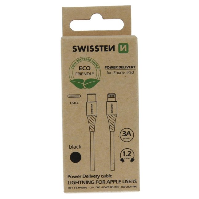 DATOVÝ KABEL SWISSTEN USB-C/LIGHTNING ČERNÝ 1,2M  (ECO BALENÍ)