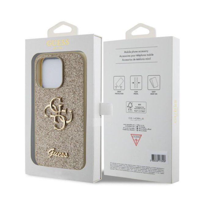 Guess PU Fixed Glitter 4G Metal Logo Zadní Kryt pro iPhone 15 Pro Gold