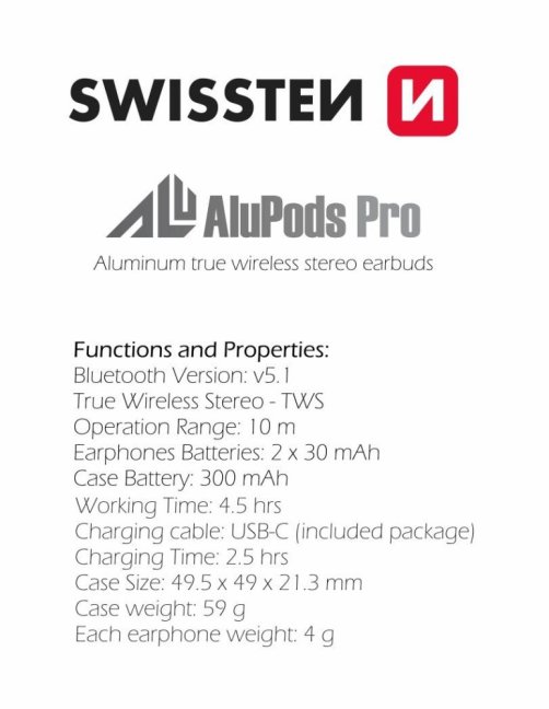 BLUETOOTH TWS SLUCHÁTKA SWISSTEN ALUPODS PRO