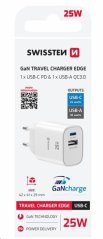 SWISSTEN SÍŤOVÝ ADAPTÉR EDGE GaN 1x USB-C PD 25W + 1x USB-A 18W QC BÍLÝ