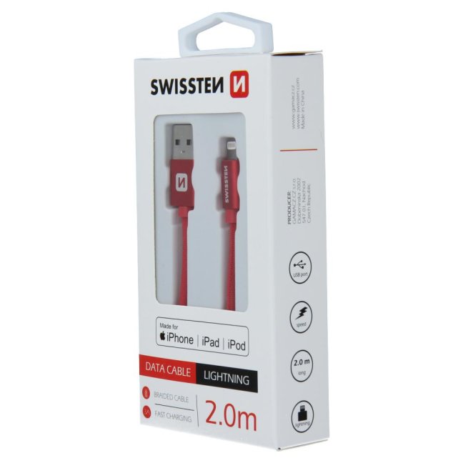DATOVÝ KABEL SWISSTEN TEXTILE USB / LIGHTNING MFi 2,0 M ČERVENÝ
