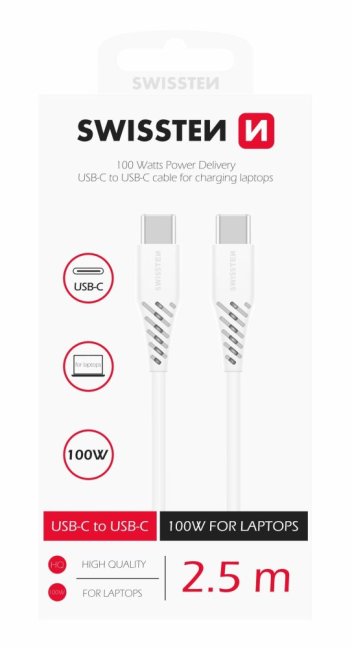 DATOVÝ KABEL SWISSTEN TPE USB-C/USB-C POWER DELIVERY 5A (100W) 2,5 M BÍLÝ