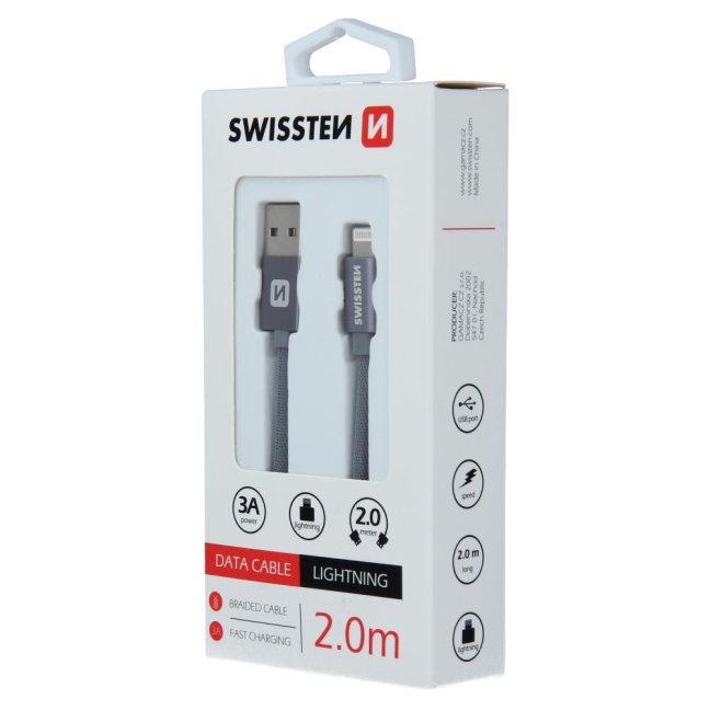 DATOVÝ KABEL SWISSTEN TEXTILE USB / LIGHTNING 2,0 M ŠEDÝ