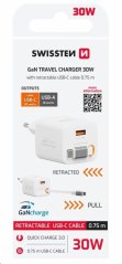 SWISSTEN SÍŤOVÝ ADAPTÉR SlideCHARGE GaN 30W, 1x USB-A 18W SE ZATAHOVACÍM USB-C KABELEM 0.75 M BÍLÝ
