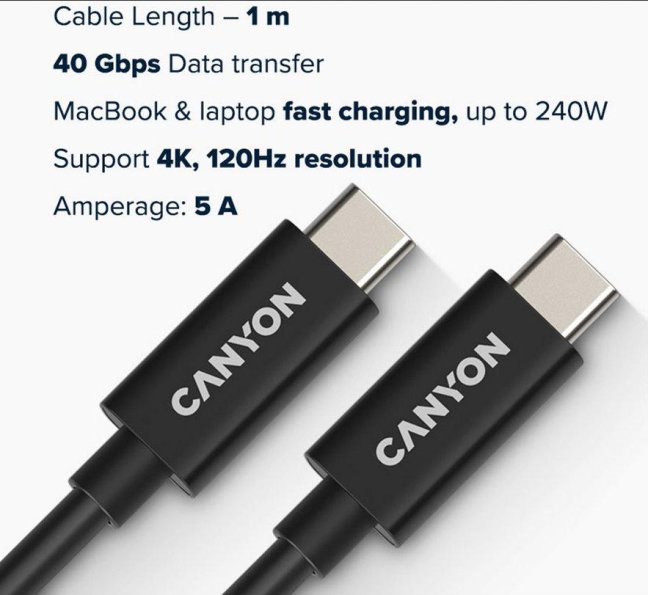 CANYON kabel UC-44, USB-C – USB-C (240W, 48V/5A, 40Gbps Data, 4K@120Hz) 1m, černá