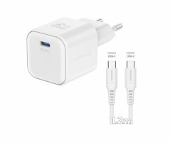 SWISSTEN SÍŤOVÝ ADAPTÉR GaN 1x USB-C 20W POWER DELIVERY BÍLÝ + DATOVÝ KABEL USB-C/USB-C 1,2 M BÍLÝ