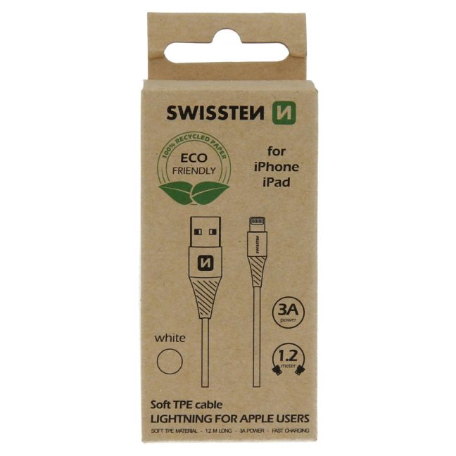 DATOVÝ KABEL SWISSTEN USB/LIGHTNING BÍLÝ 1,2M  (ECO BALENÍ)