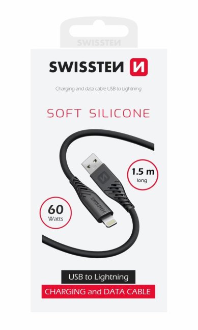 DATOVÝ KABEL SWISSTEN SOFT SILICONE USB / LIGHTNING 1,5 M 30W ČERNÝ