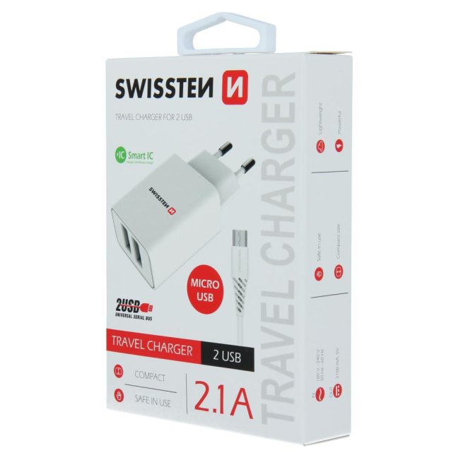 SWISSTEN SÍŤOVÝ ADAPTÉR SMART IC 2x USB 2,1A POWER + DATOVÝ KABEL USB / MICRO USB 1,2 M BÍLÝ