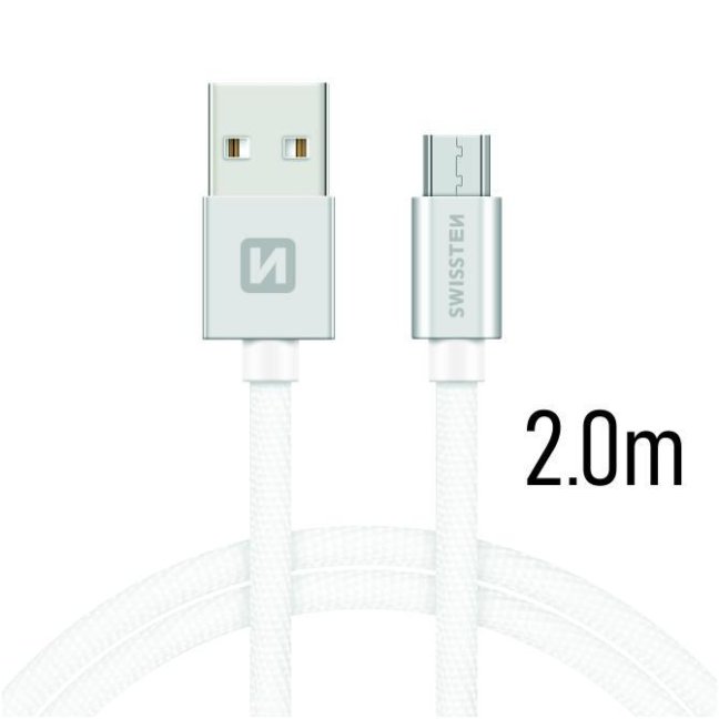 DATOVÝ KABEL SWISSTEN TEXTILE USB / MICRO USB 2,0 M STŘÍBRNÝ