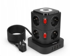NABÍJECÍ STANICE HUSLOG 15W 8XZÁSUVKA, 1XUSB-C, 3XUSB, 1X LED SVĚTLO ČERNÁ