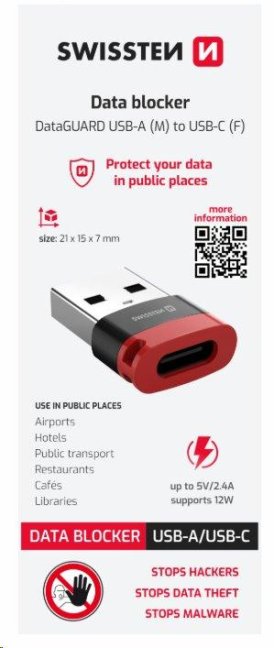 NABÍJECÍ ADAPTÉR S BLOKACÍ DAT SWISSTEN DataGUARD USB-A (samec) / USB-C (samice) ČERNÝ