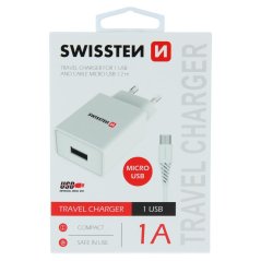 SWISSTEN SÍŤOVÝ ADAPTÉR SMART IC 1x USB 1A POWER + DATOVÝ KABEL USB / MICRO USB 1,2 M BÍLÝ