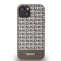 DKNY PU Leather Repeat Pattern Bottom Stripe MagSafe Zadní Kryt pro iPhone 13 Brown