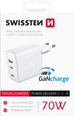 SWISSTEN SÍŤOVÝ ADAPTÉR GaN 2x USB-C + 1x USB 70W