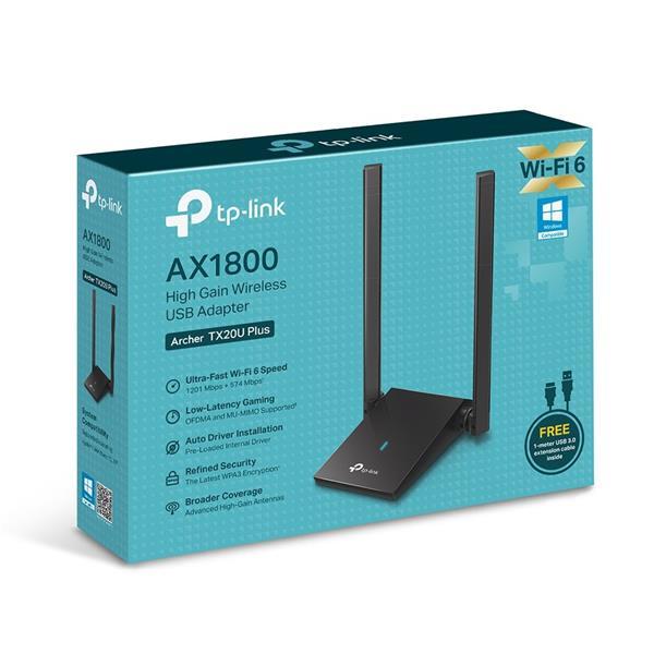 TP-LINK "AX1800 High Gain Dual Band Wi-Fi 6 USB AdapterSPEED: 1201 Mbps at 5 GHz + 574 Mbps at 2.4 GHzSPEC: 2× High Ga