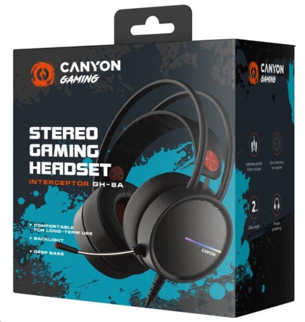 CANYON Herní headset Interceptor GH-8A, LED, PC/PS4/Xbox one, Deep bass, kabel 2m, USB+2x3,5F TRS jack + rozbočovač