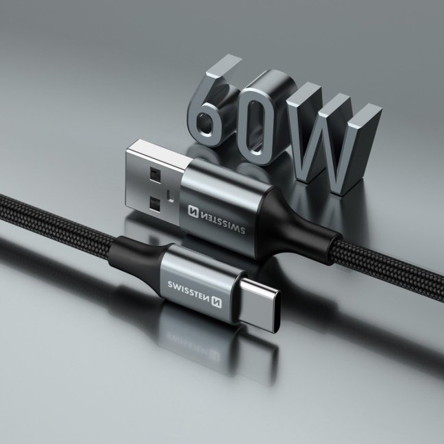 DATOVÝ KABEL SWISSTEN TEXTILE II USB / USB-C 1,5 M ČERNÝ
