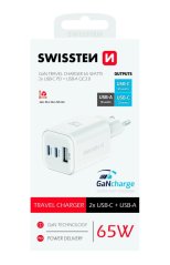 SWISSTEN SÍŤOVÝ ADAPTÉR GaN 2x USB-C 65W PD + 1x USB-A 18W QC BÍLÝ