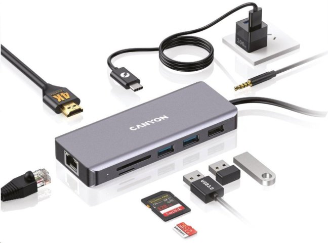 CANYON replikátor portů DS-11 9v1, 1xUSB-C PD 100W, 1xHDMI (4K), 3xUSB-A, RJ45 Gb, 3.5mm jack, SD/micro čtečka