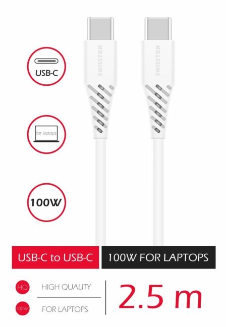 DATOVÝ KABEL SWISSTEN TPE USB-C/USB-C POWER DELIVERY 5A (100W) 2,5 M BÍLÝ