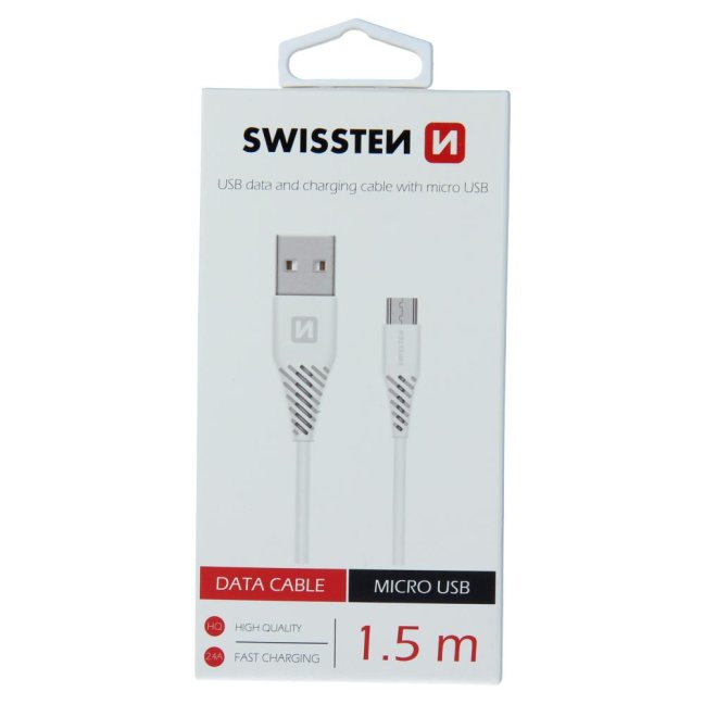 DATOVÝ KABEL SWISSTEN USB / MICRO USB 1,5 M BÍLÝ (6,5mm)