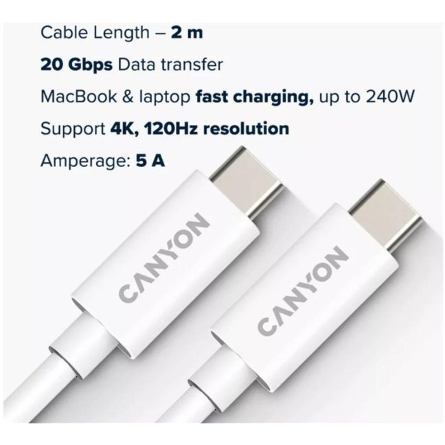 CANYON kabel UC-42, USB-C – USB-C (240W, 48V/5A, 20Gbps Data, 4K@120Hz) 2m, bílá