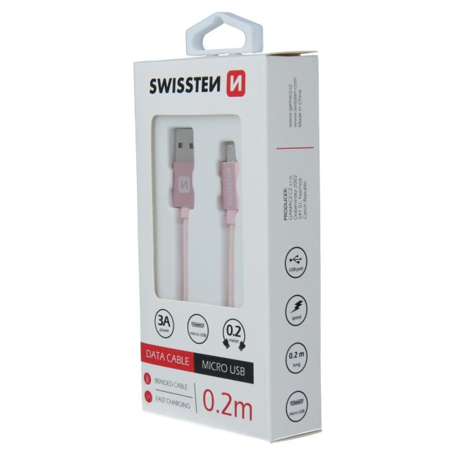 DATOVÝ KABEL SWISSTEN TEXTILE USB / MICRO USB 0,2 M RŮŽOVO/ZLATÝ