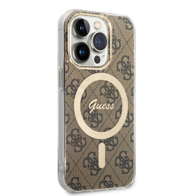 Guess 4G MagSafe Kompatibilní Zadní Kryt + Bezdrátová Nabíječka pro iPhone 14 Pro Brown
